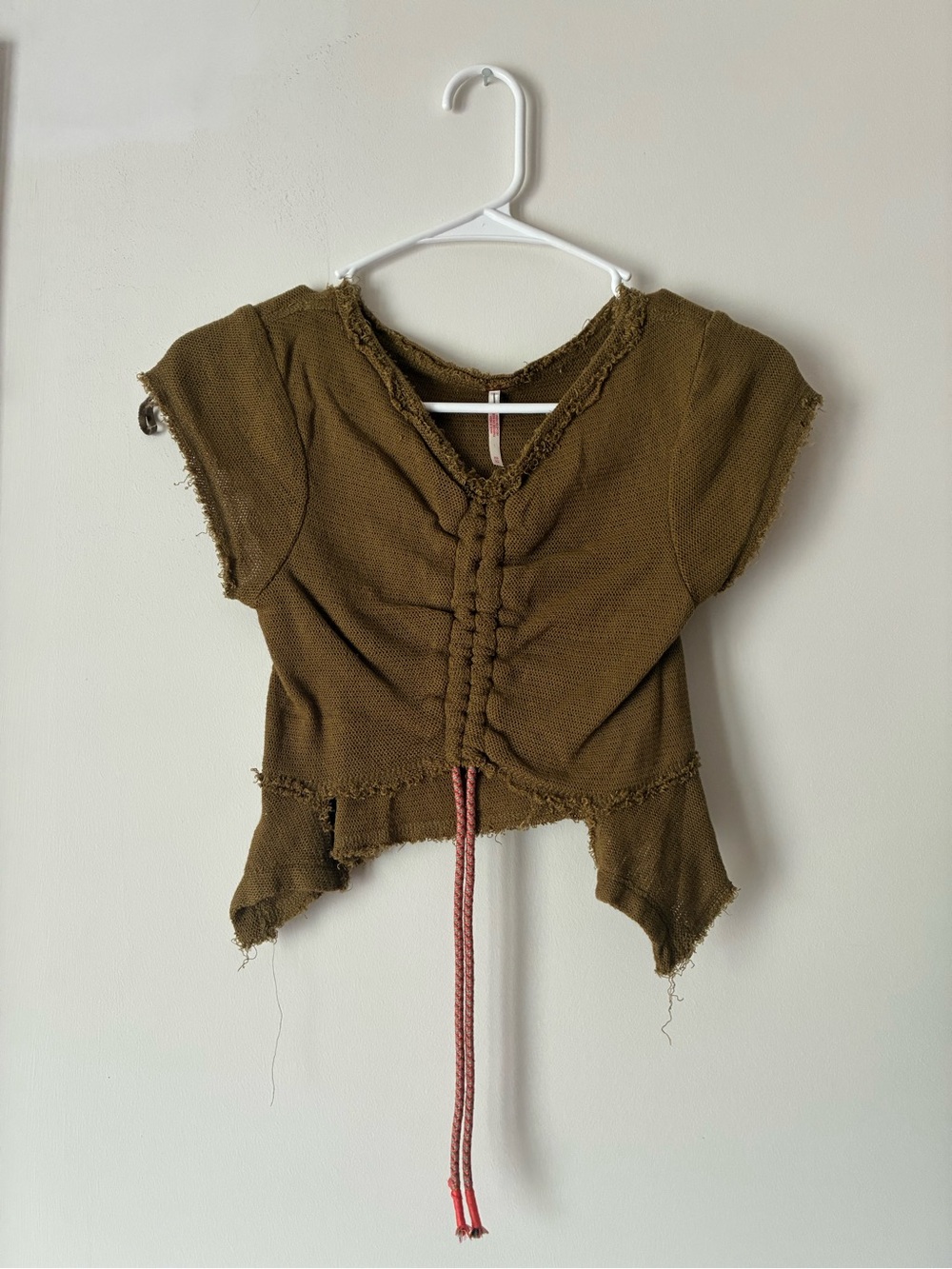 Free People Olive Green Short Sleeve Knit Top with Front Tie
